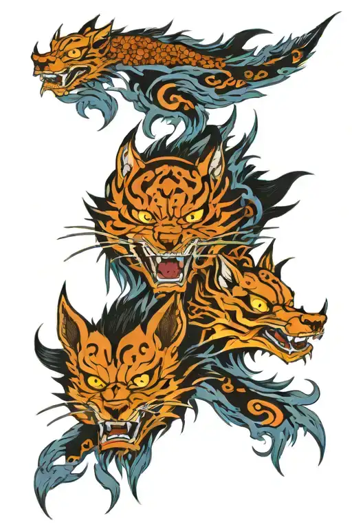 half brken oni mask and half kitsune mask with blu flames tattoo design idea