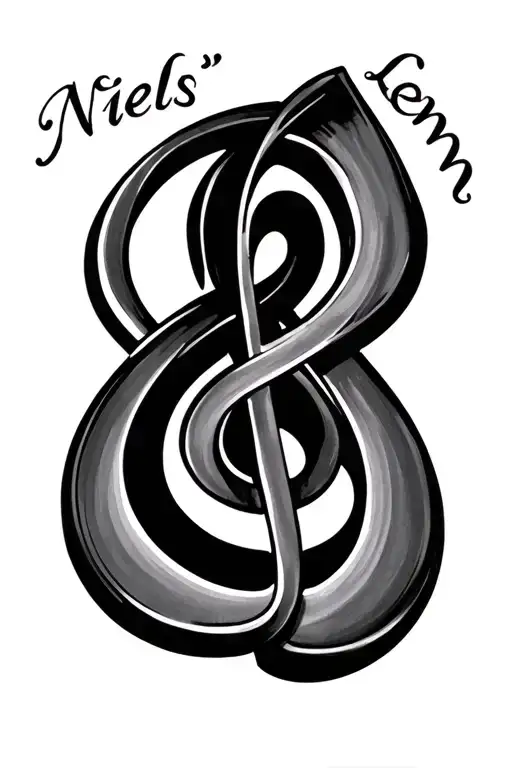 abstract treble clef integrated together with two names 'Niels' and 'Lenn' written in the stave all in black and white.  tattoo design idea
