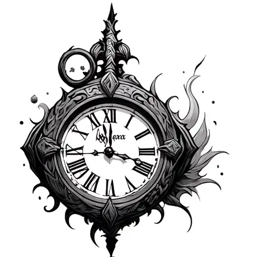 Clock in Viking style, without numbers, include illegible numbers 110425 in the frame tattoo design idea