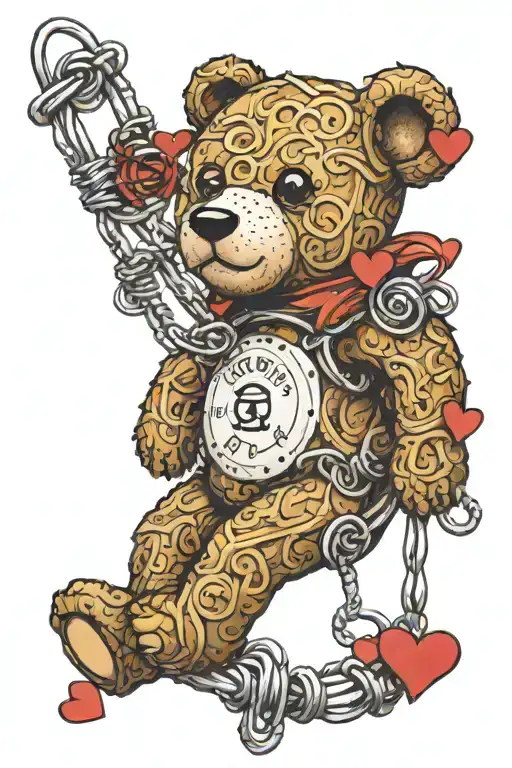 teddy bear surrounded in hearts of bobbed wire going through the word Capricorn  tattoo design idea