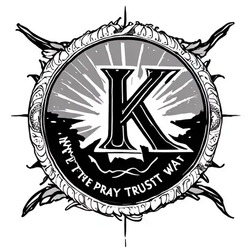 HAND BAND TATTOO WITH A CIRCLE, IN CIRCLE LETTER K & BELOW THE CIRCLE WRITE PRAY TRUST WAIT tattoo design idea