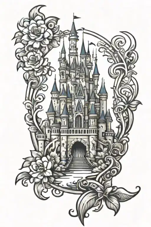 Disney castle with moana Ariel stitch pattern tattoo design idea
