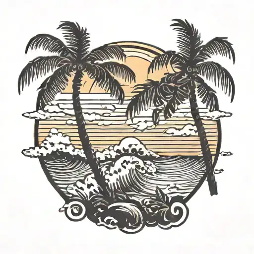 palm tree sunset silhoutte scene with wave breaking tattoo design idea