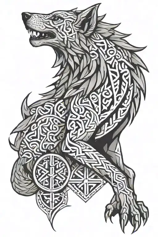 fenrir with runes open your heart tattoo design idea