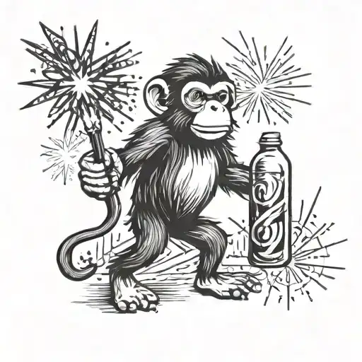 sketch monkey walking with fireworks under one arm and a beer bottle in the other hand tattoo design idea