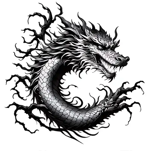 generate an arm with a tatoo of a japanese dragon wrapped around the arm like a twig and the face to face towards the fi tattoo design idea