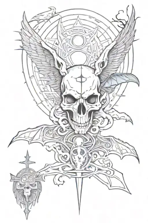 skull, cross, bat flying, moon, and the eye of horus and anubis tattoo design idea