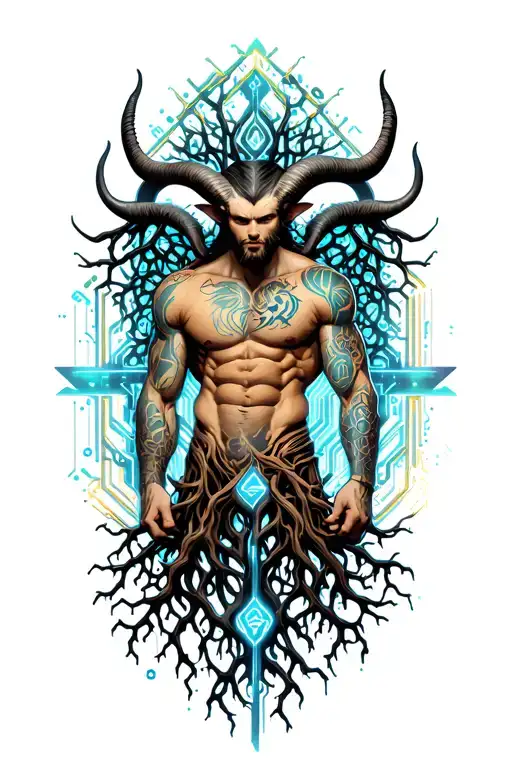 Gay male horned satyr with massive bodybuilder muscles flex. cyber tree roots, vines and patterns tattoo design idea