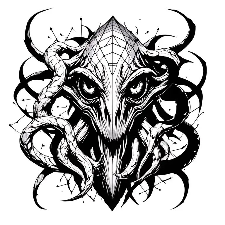 black-out Cthulhu-like creature with geometric shapes and lines extending from it tattoo design idea