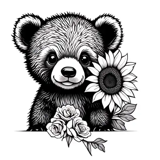 cute baby bear with sunflowers and roses tattoo design idea