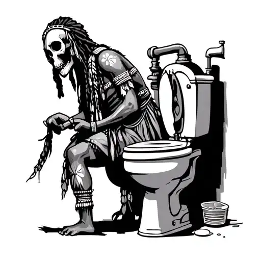 "Indigenous Plumbing " skull w dreadlocks dress as Native American fixing a toilet  tattoo design idea