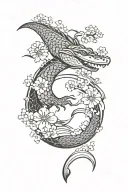 a japanese fan with a crocodile surrounded by cherry blossoms and waves in japanese style tattoo design idea