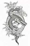 a japanese fan with a crocodile surrounded by cherry blossoms and waves in japanese style tattoo design idea