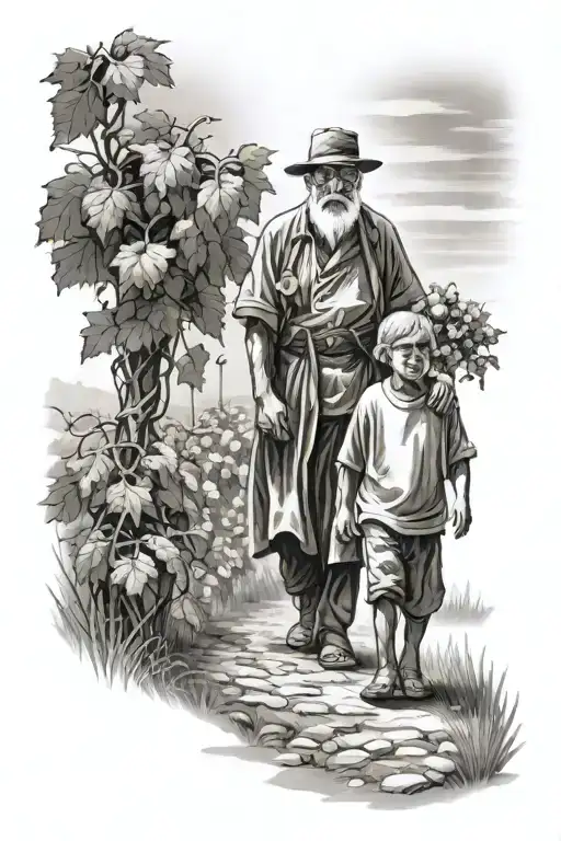 grandfather memorial tattoo. walking with his grandson on a grape field tattoo design idea