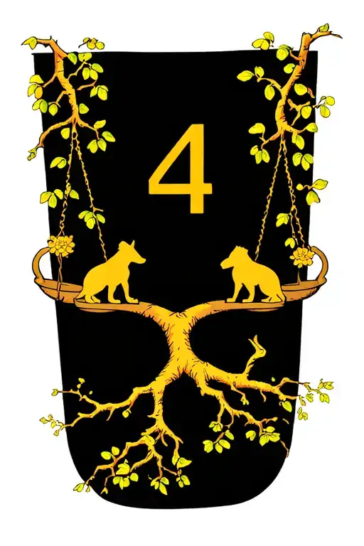 All the patterns are made of osmanthus tree. The roots form infinite symbols. The branches form the balance shape. The balance on the left is a human silhouette. The right is a canine silhouette. The top end of the branch is an Arabic numeral 4. tattoo design idea