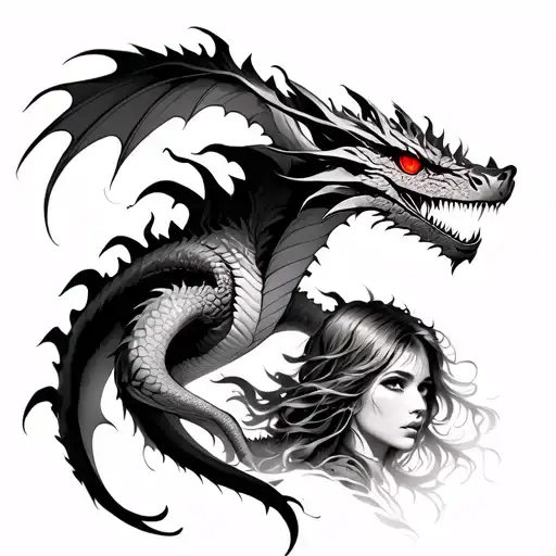 realistic dragon tattoo with burning red eyes and a woman below it tattoo design idea