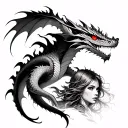 realistic dragon tattoo with burning red eyes and a woman below it tattoo design idea