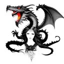 realistic dragon tattoo with burning red eyes and a woman below it tattoo design idea