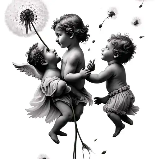 Cherub blowing a dandelion with two children floating on a seed each tattoo design idea