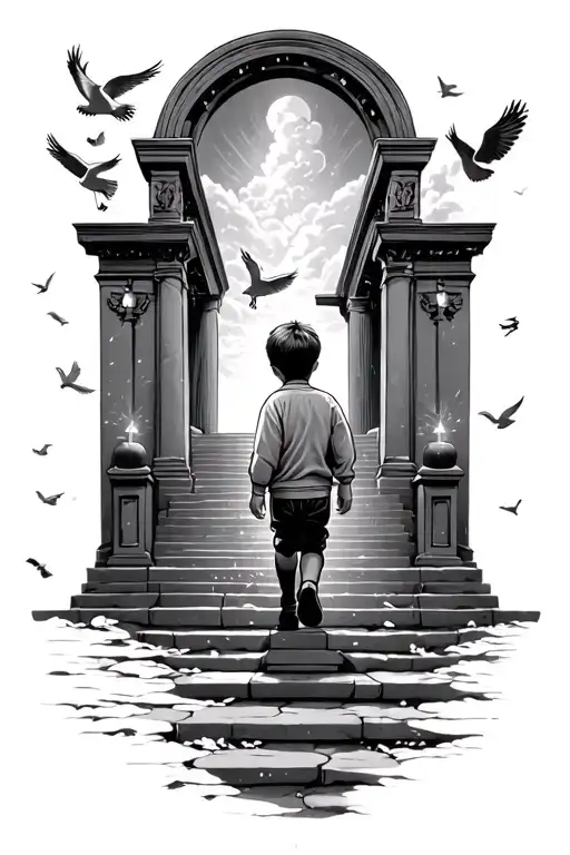 little boy walking up a staircase to heaven gates doves flying and lights tattoo design idea