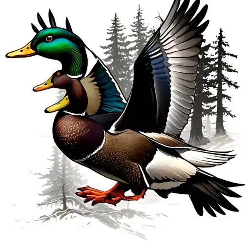 mallard ducks flying through trees  tattoo design idea