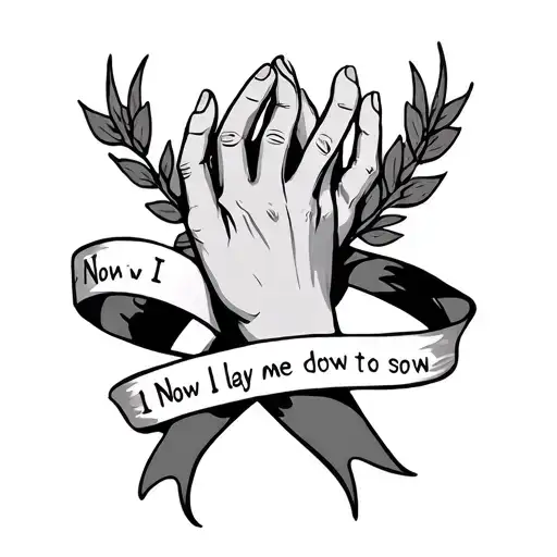 I want gods hands in praying form with a ribbon going around them with this written on the ribbon Now I lay me down to s tattoo design idea