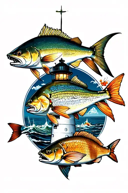 lighthouse, cobia, striper, flounder, redfish, blue crab, Chesapeake tattoo design idea