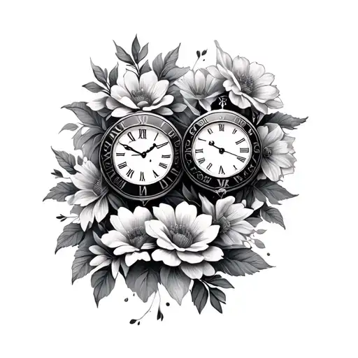 2 clock faces surrounded by flowers  tattoo design idea