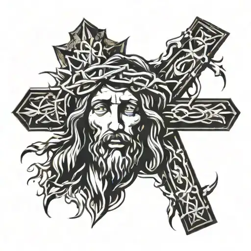 Jesus christ with crown of thorns fading into 3 crosses  tattoo design idea