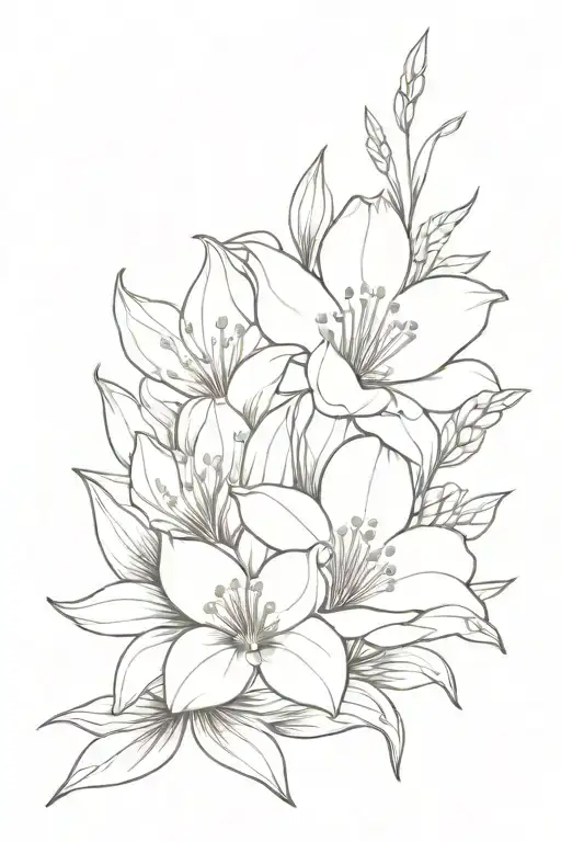 larkspur, water lily, lily of the valley, marigold, cosmo flowers tattoo design idea