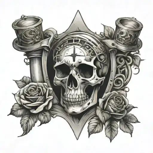 hourglass with sun and balance in the sun, rose with a skull in the rose, and two pistols in a cross  tattoo design idea