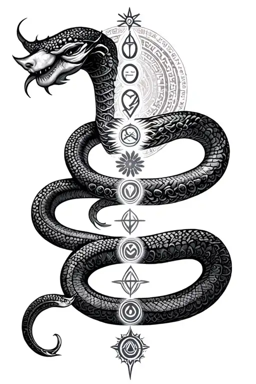 7 chakras down the spine, norse runes for the symbols, kundalini serpent rising between chakras tattoo design idea